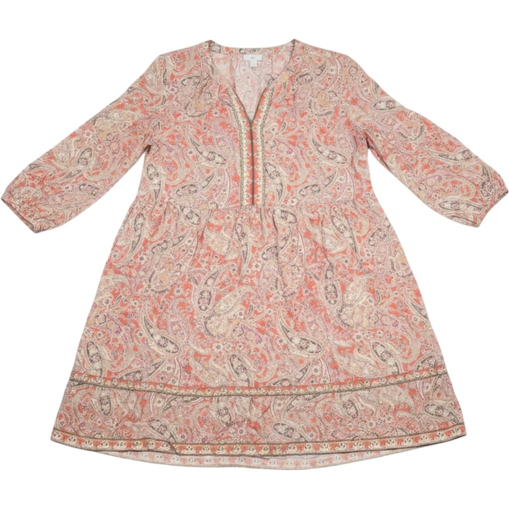 J. Jill Womens Pink Orange Paisley Embroidered Split Neck Empire Waist Dress L